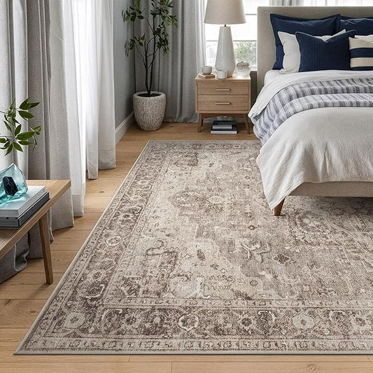 Bloom Rugs Washable Non-Slip 6' x 9' Rug - Beige/Gray Traditional Area Rug for Living Room, Bedroom, Dining Room, and Kitchen - Exact Size: 6' x 9'