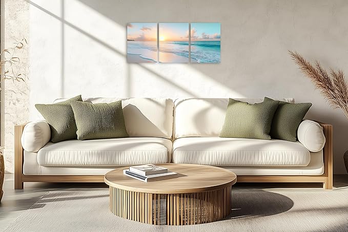 TutuBeer 3 Panels Beach Pictures Wall Art Beach Canvas Wall Art Ocean Pictures Seascape Paintings Coastal Picture Framed Artwork for Bathroom Living Room Office Home Decor Each Panel 12" x 16"