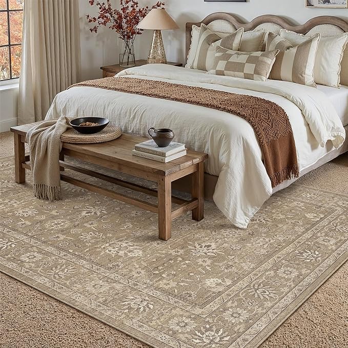 PureCozy 6x9 Area Rug Brown Washable Vintage Carpet Living Room Bedroom Large Non Slip Stain Soft Resistant Low Pile Thin Boho Accent Indoor Throw Rug for Dining Room Office