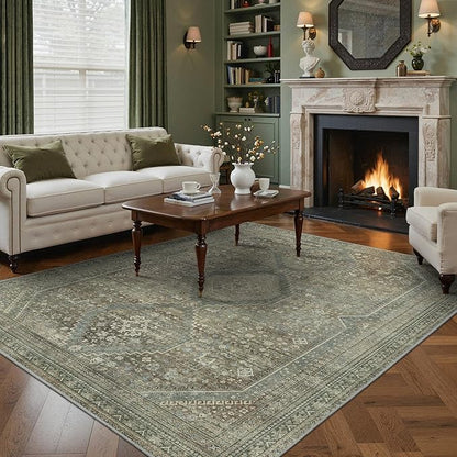 GENIMO 6x9 Area Rugs for Living Room, Machine Washable Non Slip Rugs, Low Pile Lightweight Vintage Print Rug for Bedroom, Dining Room, Home Office, Sage/Blue