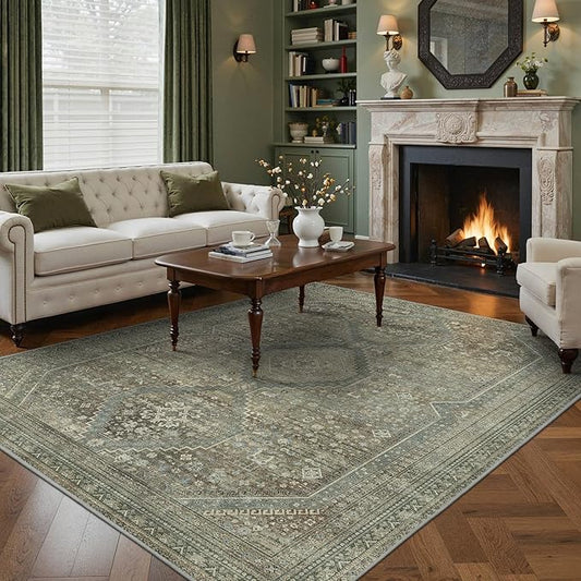 GENIMO 6x9 Area Rugs for Living Room, Machine Washable Non Slip Rugs, Low Pile Lightweight Vintage Print Rug for Bedroom, Dining Room, Home Office, Sage/Blue