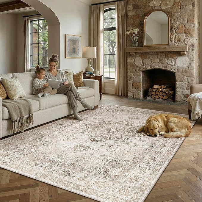 PureCozy Taupe 6x9 Area Rug Washable Vintage Living Room Carpet Non Slip Retro Distressed Low Pile Soft Oriental Medallion Thin Large Throw Rug for Office Bedroom Dining Room Playroom