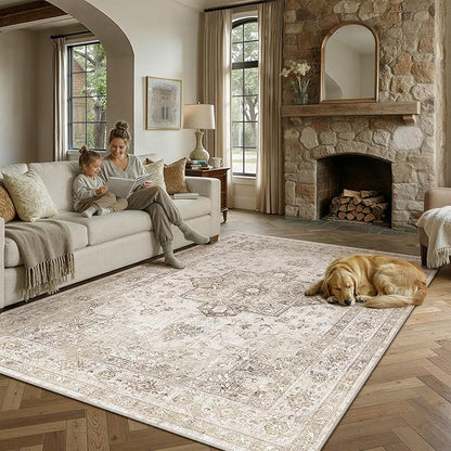 PureCozy Taupe 5x7 Area Rug Washable Vintage Living Room Carpet Non Slip Retro Distressed Low Pile Soft Oriental Medallion Thin Throw Rug for Kitchen Bathroom Office Bedroom Dining Room