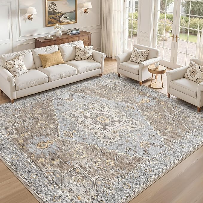 10x12 Washable Area Rugs for Living Room: Non Slip Vintage Brown Gray Rug, Large Soft Stain Resistant Indoor Floor Carpets for Bedroom Dining Room Nursery Home Office Kid & Pet Friendly