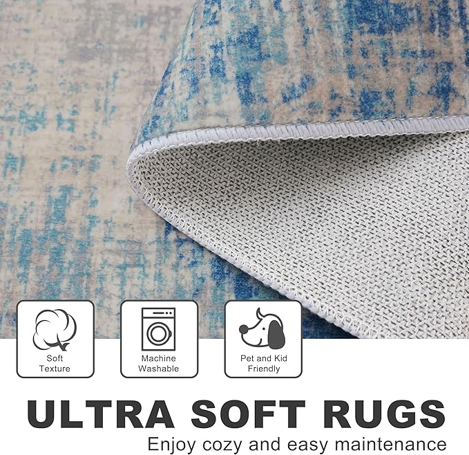 KILOCOCO Abstract Area Rug 3x5 Entryway Rug Washable Kitchen Rugs Non Slip Soft Pinted Entrance Rugs Indoor Mat for Front Door Foyer Farmhouse Living Room Floor Carpet, Blue/Grey/Beige