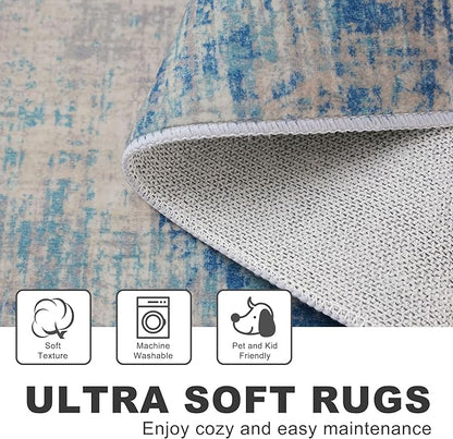 KILOCOCO Abstract Area Rug 3x5 Entryway Rug Washable Kitchen Rugs Non Slip Soft Pinted Entrance Rugs Indoor Mat for Front Door Foyer Farmhouse Living Room Floor Carpet, Blue/Grey/Beige