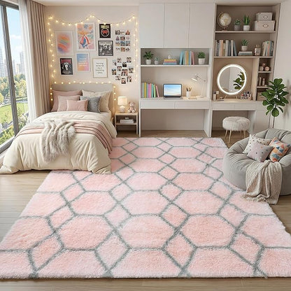 ONASAR 7x9 Area Rugs for Living Room Bedroom, Large Fluffy Pink and Grey Throw Rug, Geometric Soft Plush Shaggy Indoor Floor Carpet for Nursery Kids Girls Boys Teen Dorm Home Decor Aesthetic