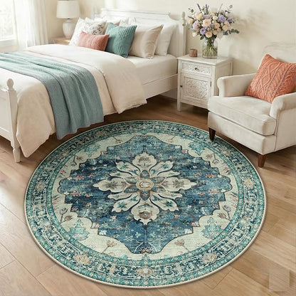 RELEANY Area Rugs Round 5ft Washable Non-Slip, Floral Vintage Distress Print Pattern Medallion Carpet for Living Room Bedroom Dining Room, Dark Blue Vintage