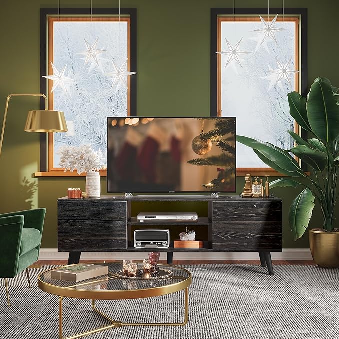 WLIVE Mid-Century Modern TV Stand for 55/60 Inch TV, Entertainment Center with Storage & Adjustable Shelves, Media Console with Soft-Close Cabinets for Living Room/Bedroom, Dark Black