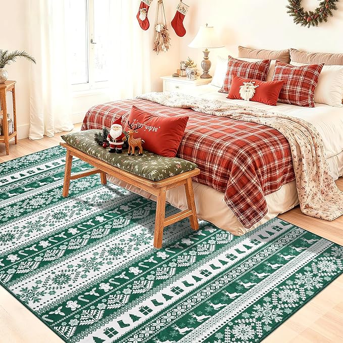 Area Rugs for Bedroom, 5x7 Ft Indoor Washable Rugs for Entryway Snowflake Print Living Room Carpet, Farmhouse Welcome Front Door Mat Non Slip Carpet for Entrance Porch Bath Kitchen, Green/White