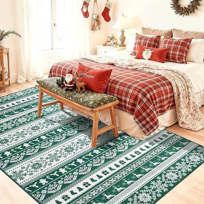 Area Rugs for Bedroom, 5x7 Ft Indoor Washable Rugs for Entryway Snowflake Print Living Room Carpet, Farmhouse Welcome Front Door Mat Non Slip Carpet for Entrance Porch Bath Kitchen, Green/White