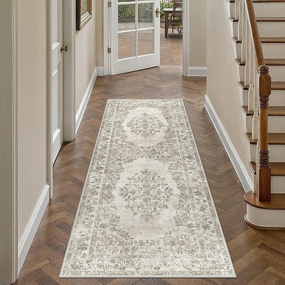 PureCozy 2x4 Runner Rug Beige Washable Hallway Kitchen Bedroom Vintage Distressed Bathroom Non Slip Medallion Floral Carpet Indoor Retro Throw Floor Mat for Office Dining Laundry Living Room