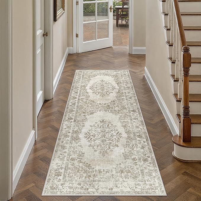 PureCozy 2x6 Runner Rug Beige Washable Hallway Kitchen Bedroom Vintage Distressed Bathroom Non Slip Medallion Floral Carpet Indoor Retro Throw Floor Mat for Office Dining Laundry Living Room