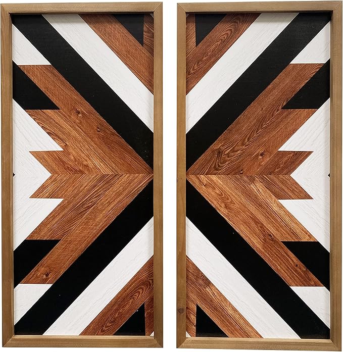 2 Pcs Western Aztec Wall Decor With Wood Framed, 20.9x9.8 Inch Wooden Southwestern Boho Wall Art, Native American Living Room Bedroom Guest Bathroom Rustic Decorations for Home