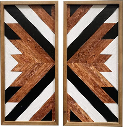 2 Pcs Western Aztec Wall Decor With Wood Framed, 20.9x9.8 Inch Wooden Southwestern Boho Wall Art, Native American Living Room Bedroom Guest Bathroom Rustic Decorations for Home
