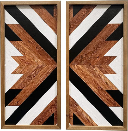 2 Pcs Western Aztec Wall Decor With Wood Framed, 20.9x9.8 Inch Wooden Southwestern Boho Wall Art, Native American Living Room Bedroom Guest Bathroom Rustic Decorations for Home