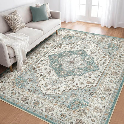 5x8 Area Rug Living Room: Washable Boho Large Neutral Vintage Soft Rug Stain Resistant Farmhouse Non-Slip Indoor Floor Carpet for Bedroom Nursery Kids Playroom Office Dining Room Home- Teal Brown