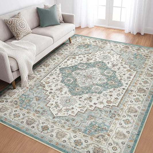 5x8 Area Rug Living Room: Washable Boho Large Neutral Vintage Soft Rug Stain Resistant Farmhouse Non-Slip Indoor Floor Carpet for Bedroom Nursery Kids Playroom Office Dining Room Home- Teal Brown