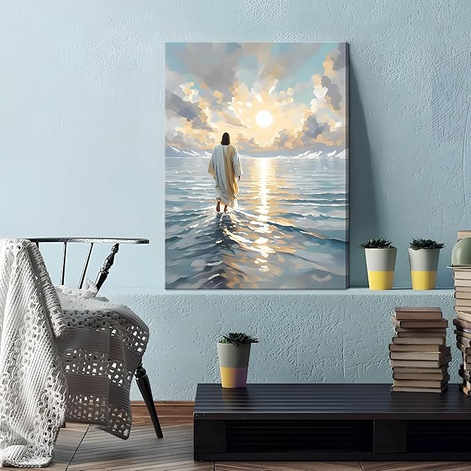 Jesus Canvas Wall Art, Christian Wall Decor of Jesus Walking on Water, Inspirational God Picture for Living Room, Prayer Room or Church, Catholic Religious Artwork – 12"x16" Framed