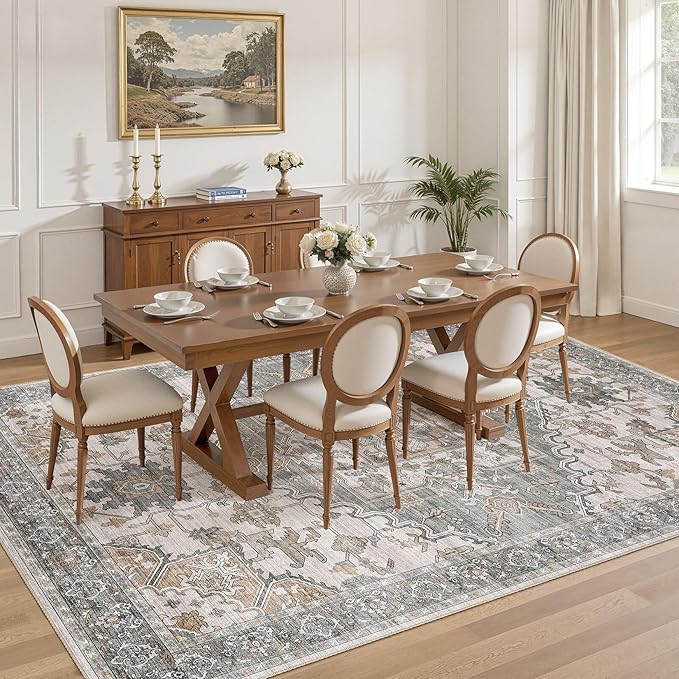 8x11 Washable Area Rugs for Living Room: Non Slip Vintage Gray Brown Rug, Large Soft Stain Resistant Indoor Floor Carpets for Bedroom Dining Room Nursery Home Office Kid & Pet Friendly