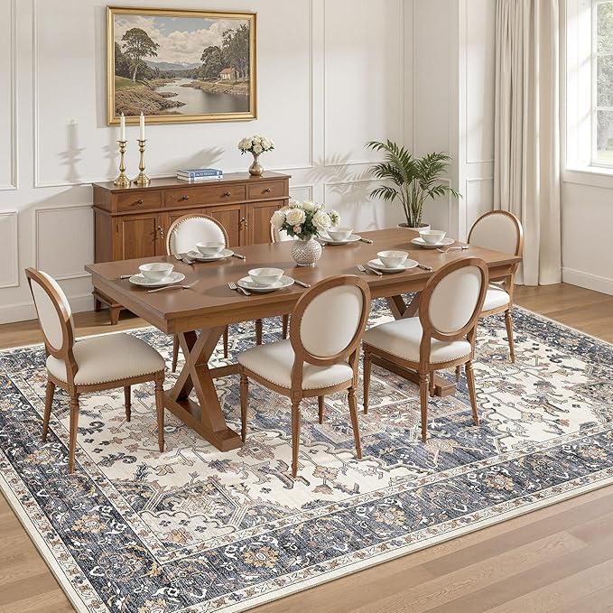 9x12 Washable Area Rugs for Living Room: Non Slip Vintage Beige Blue Rug, Large Soft Stain Resistant Indoor Floor Carpets for Bedroom Dining Room Nursery Home Office Kid & Pet Friendly