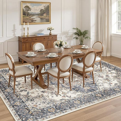 9x12 Washable Area Rugs for Living Room: Non Slip Vintage Beige Blue Rug, Large Soft Stain Resistant Indoor Floor Carpets for Bedroom Dining Room Nursery Home Office Kid & Pet Friendly