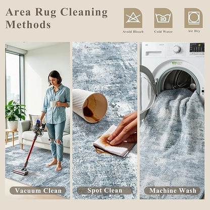 2x6 Washable Non-Slip Hallway Runner Rug – Modern Abstract Soft Carpet Runner for Kitchen, Bedroom with Rubber Backing – Low-Pile Thin Stain-Resistant Rug for Laundry Room, Entryway (Blue Grey)