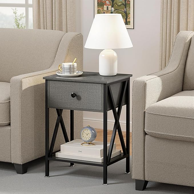 VECELO Nightstand,Modern Bedside End Tables, Night Stand with Drawer and Storage Shelf for Living Room Bedroom, Industrial Metal Frame