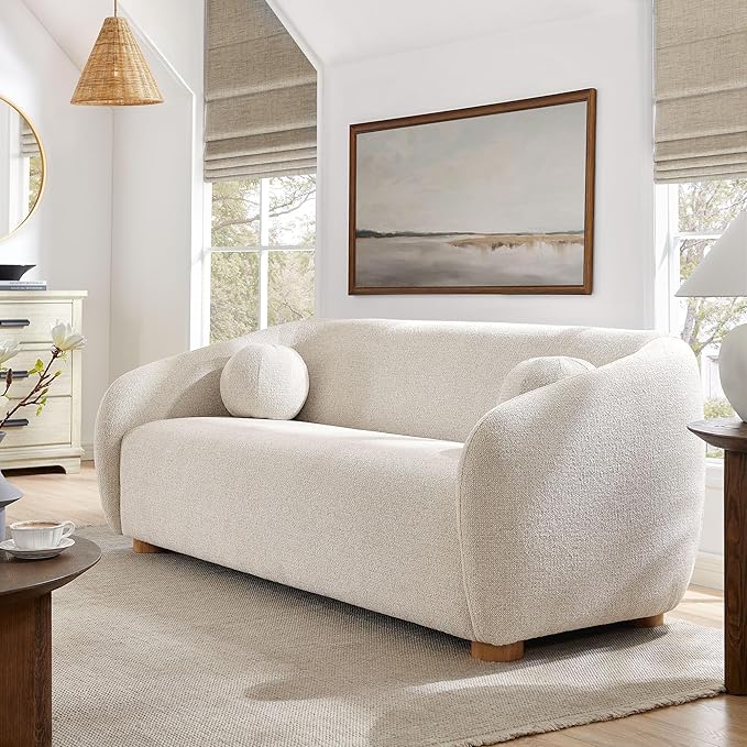 Modway Holland 85 Inch Minimalist Curved Back Sofa in Dove Gray – Chenille Fabric Sofa with Ball Throw Pillows and Wood Feet – Modern 3-Seater Couch for Living Room