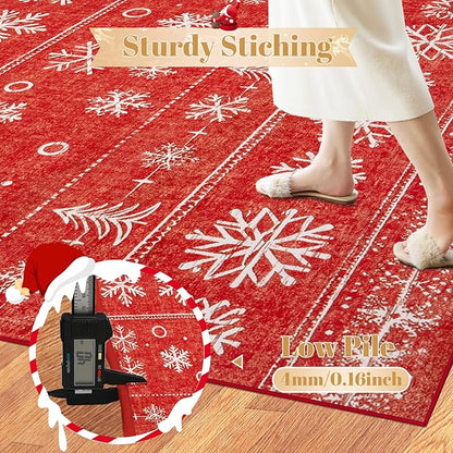 Christmas Area Rug 6x9 Rugs: Washable Living Room Rug Xmas Holiday Decor Rugs Snowflake Low Pile Boho Rug Indoor Floor Carpet for Bedroom Kitchen Dining Room Home(Xmas Red, 6'x9')