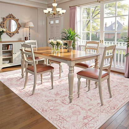 Pink Area Rugs 5x7 Rugs for Living Room, Machine Washable Rugs for Bedroom, Distressed Vintage Living Room Rug, Rug Non Slip Carpet Cream Green Area Rug for Dining Room Office