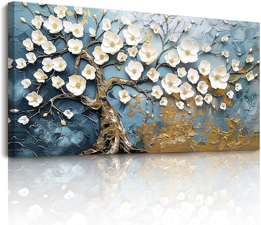 SERIMINO Oversized Wall Art, Tree of Life Wall Art, Modern Art Wall Decor, White Flowers Tree Picture Prints, Elegant Extra Large Paintings for Living Room Bedroom Dining Room Office Hotel 29"x57"