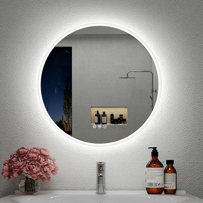 S·BAGNO 24’’ Round Led Bathroom Mirror with Lights, Backlit and Front Lighted, Anti-Fog Wall-Mounted Vanity Mirror 3000K/4000K/6500K, Dimmable Inside Bluetooth Speaker Smart Mirror