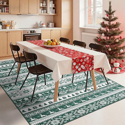 Area Rugs for Bedroom, 6x9 Ft Indoor Washable Rugs for Entryway Snowflake Print Living Room Carpet, Farmhouse Welcome Front Door Mat Non Slip Carpet for Entrance Porch Bath Kitchen, Green/White