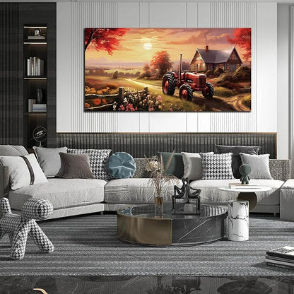 ANCXWOTER Canvas Wall Art Sunset Landscape Canvas Prints Vintage Red Tractor for Living Room Bedroom Office Home Decor Country Farmhouse Artwork 29x59 Inch