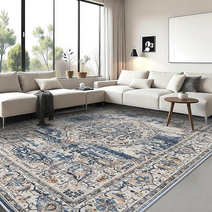 YOUFORTONG 9x12 Area Rug Washable：Large Living Room Area Rugs - Machine Washable Stain Resistant Rug - Soft Low Pile Carpet for Bedroom Dining Room 9'x12' Blue