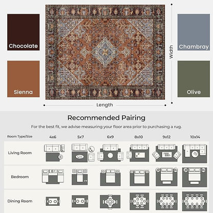 Kokia 5x7 Area Rugs for Living Room, Machine Washable Low Pile Rug, Non Slip Backing Boho Rugs for Bedroom, Printed Soft Vintage Carpet Sienna Brown 5 x 7