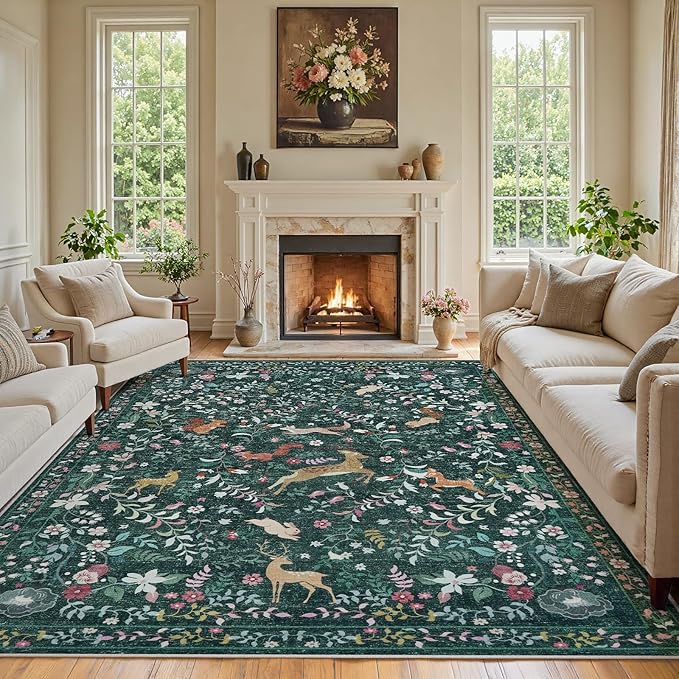 8x10 Area Rugs Washable Rug: Lagre Boho Living Room Rug Soft Non-Slip Thin Carpet Indoor Floor Non-Shedding Neutral Floral Carpets for Bedroom Dining Room Farmhouse Nursery Dark Green