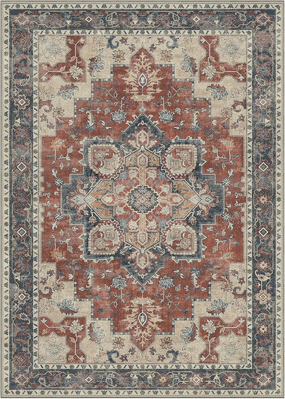 GENIMO 8x10 Area Rugs for Living Room, Machine Washable Non Slip Vintage Rugs, Low Pile Lightweight Chenille Print Rug for Bedroom, Dining Room, Home Office,Bordeaux