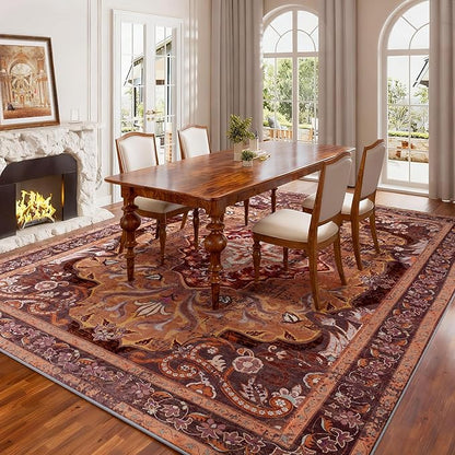 RUSHUFFY 8x10 Washable Rug for Living Room, Non-Slip Large Boho Vintage Print Pattern Carpet for Bedroom Dorm Dining Room Farmhouse Nursery Home Office, Orange & Red