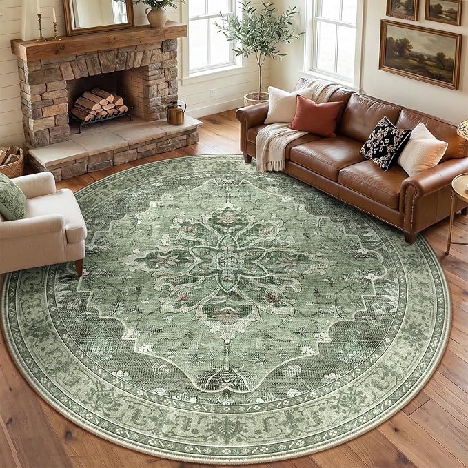 RELEANY Area Rugs Round 8ft Washable Non-Slip, Floral Vintage Distress Print Pattern Medallion Carpet for Living Room Bedroom Dining Room, Dark Green Gray
