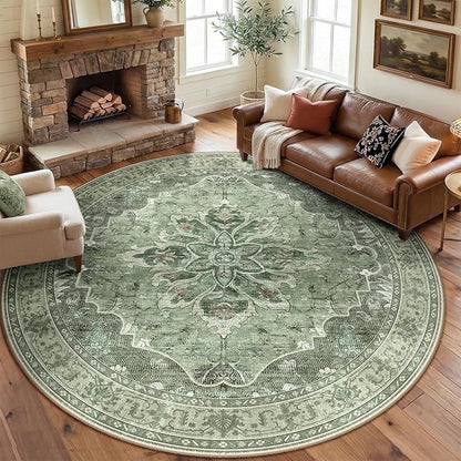RELEANY Area Rugs Round 8ft Washable Non-Slip, Floral Vintage Distress Print Pattern Medallion Carpet for Living Room Bedroom Dining Room, Dark Green Gray