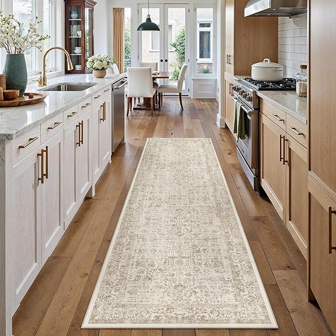 PureCozy Light Brown Runner Rug 2'6"x10' Washable Carpet for Hallway Kitchen Vintage Distressed Non Slip Indoor Retro Floral Bedroom Accent Throw Long Rug Bathroom Office Laundry Dining Living Room