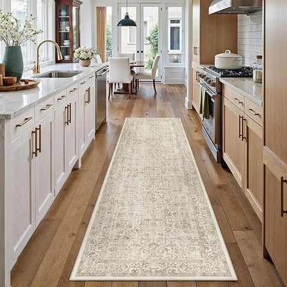 PureCozy Light Brown Runner Rug 2'6"x14' Washable Carpet for Hallway Kitchen Vintage Distressed Non Slip Indoor Retro Floral Bedroom Accent Throw Long Rug Bathroom Office Laundry Dining Living Room