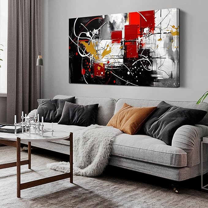 ANCXWOTER Abstract Wall Art for Living Room Black Canvas Wall Art Modern Grey Red Line Artwork for Bedroom Office Home Decor Canvas Prints 24x48 Inch