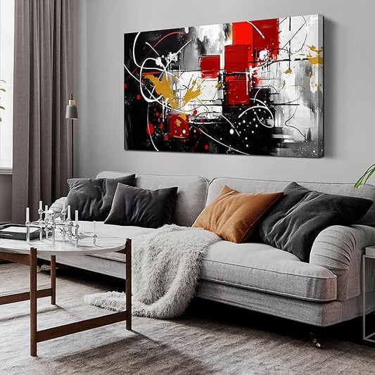 ANCXWOTER Abstract Wall Art for Living Room Black Canvas Wall Art Modern Grey Red Line Artwork for Bedroom Office Home Decor Canvas Prints 24x48 Inch