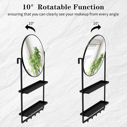 39.5" × 21.7" Black Round Wall Mirror with Shelf and Hooks, 10° Adjustable Tilt Metal Frame Bathroom Mirror with Shelf for Bedroom, Entryway, Living Room