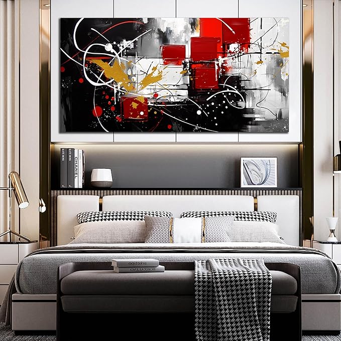 ANCXWOTER Abstract Wall Art for Living Room Black Canvas Wall Art Modern Grey Red Line Artwork for Bedroom Office Home Decor Canvas Prints 29x59 Inch