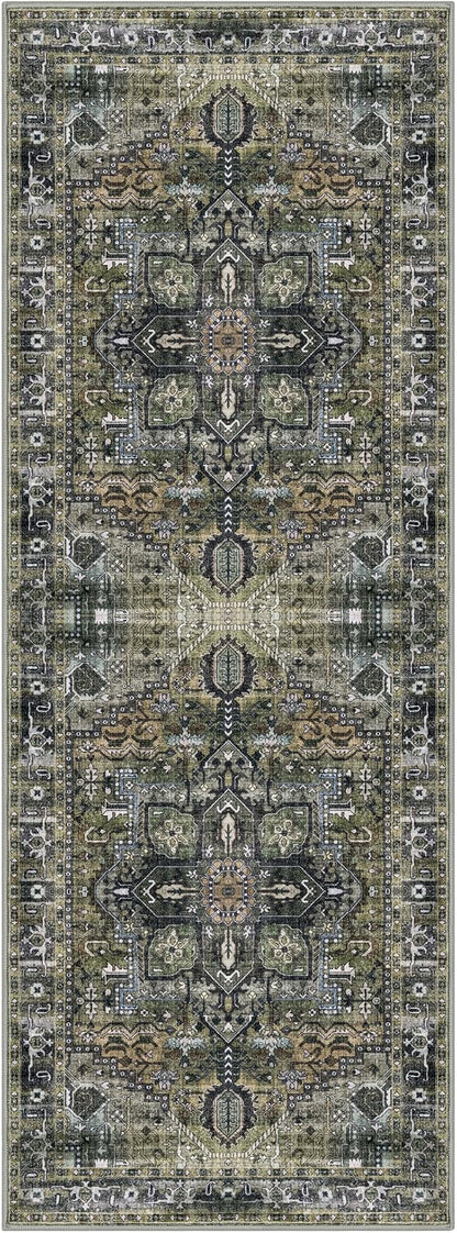 KOZYFLY Runners for Hallways 2x6 Ft Washable Kitchen Runner Rug Boho Runner Rug for Entryway Indoor Printed Oriental Faux Wool Floor Carpet Runner for Bedroom Kitchen Hall, Moss Green/Olive Grove