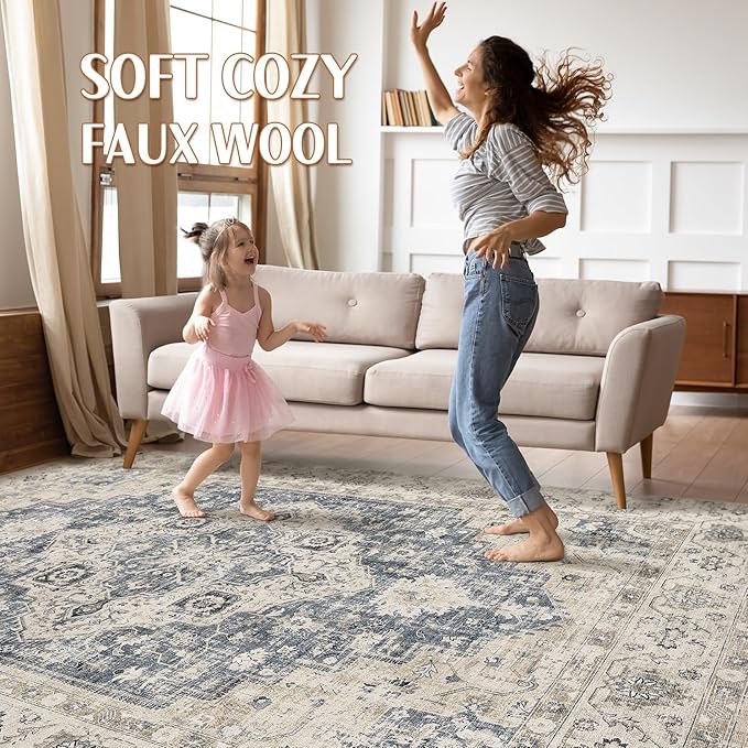 7x9 Area Rug Living Room: Washable Boho Large Neutral Vintage Soft Rug Stain Resistant Distressed Farmhouse Non-Slip Indoor Floor Carpet for Bedroom Nursery Kids Office Dining Room- Brown Blue